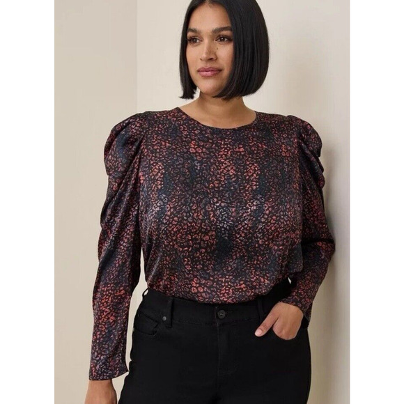 Torrid Top Womens Sz 0 XL Satin Animal Print Blouse Black Multicolor Puff Sleeve - Picture 2 of 14